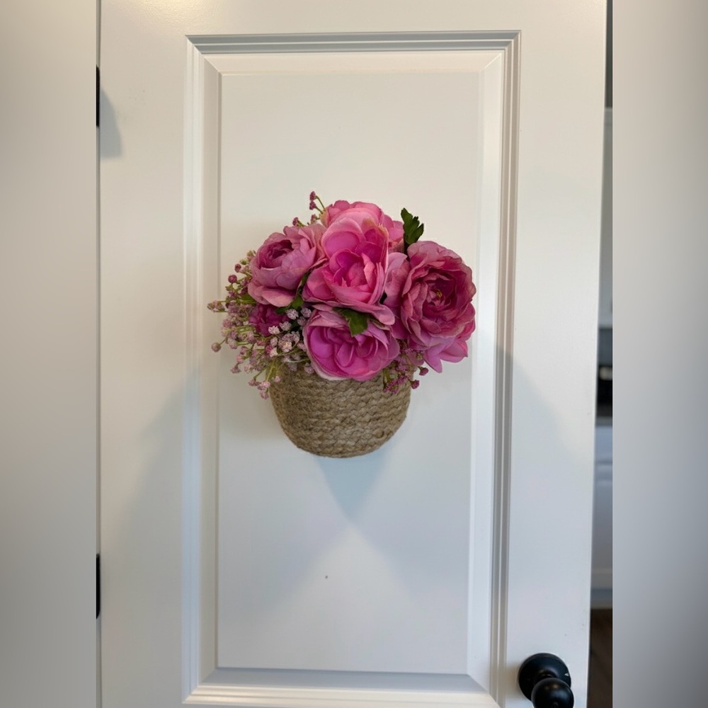 Elegant Pink Faux Floral Arrangement in Woven Basket